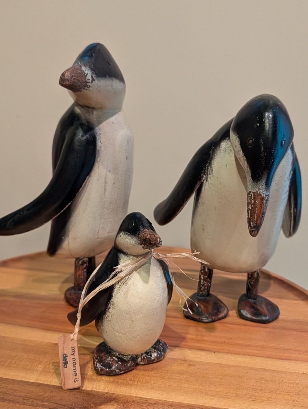 Hand Carved Set of 3 Decorative Penguin Figurines Black & White Wooden Folk Art